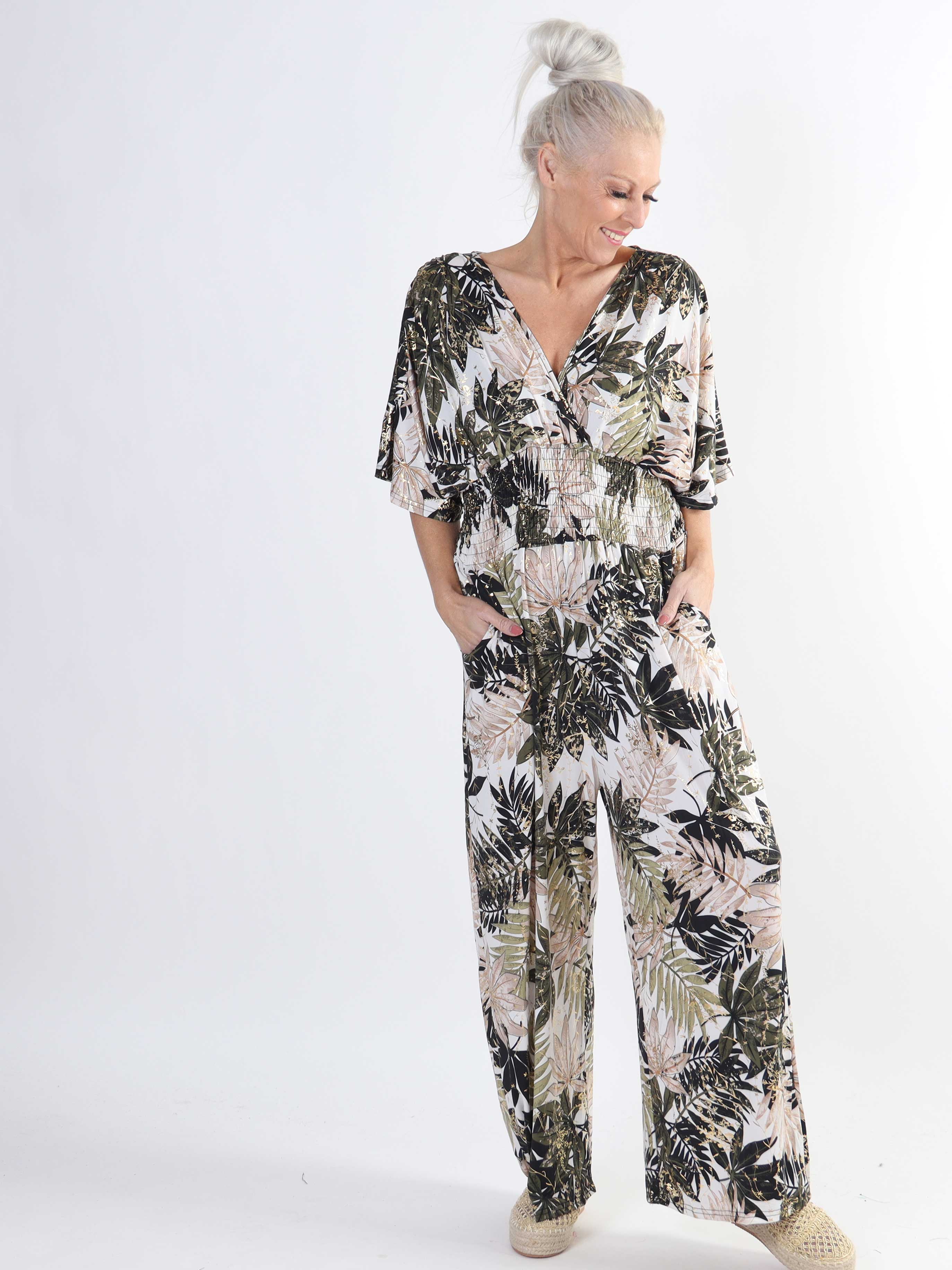 Pams Leaf Jumpsuit - Jumpsuit med resår och bladmönster i stora storlekar
